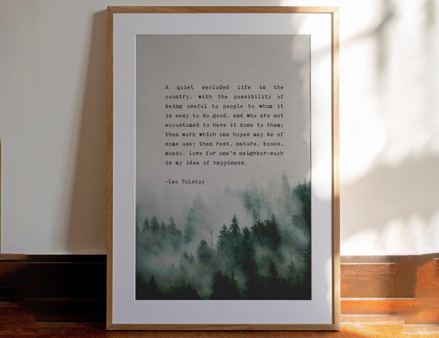 Leo Tolstoy "A quiet life...nature, books, music, love for one’s neighbor—such is my idea of happiness" quote print, men's art, gift for him