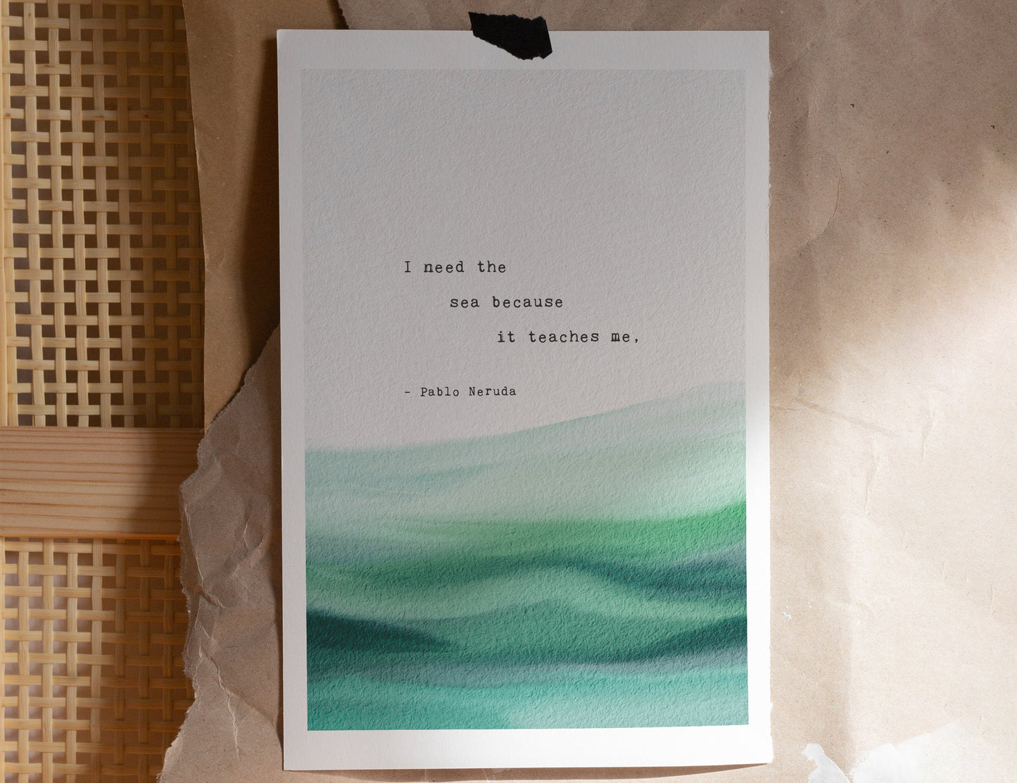 Pablo Neruda Quote Art "I need the sea because it teaches me". Minimal Ocean Art.